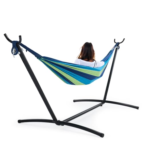 Sweetcrispy Double Hammock with Space Saving Steel Stand Heavy Duty 2 Person Standing Hammocks 450lb Capacity for Outside Garden Yard with Portable Carrying Bag, Blue