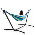 Sweetcrispy Double Hammock with Space Saving Steel Stand Heavy Duty 2 Person Standing Hammocks 450lb Capacity for Outside Garden Yard with Portable Carrying Bag, Blue