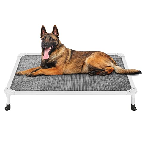 Veehoo Chew Proof Elevated Dog Bed - Cooling Raised Pet Cot - Silver Aluminum Frame and Durable Textilene Mesh Fabric, Unique Designed No-Slip Feet for Indoor or Outdoor Use, Black Silver, Large - color: Black Silver, size: 42.0"L x 30.0"W x 7.0"Th