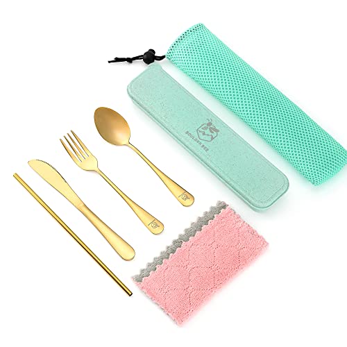 Boulder Bee | Travel Utensils Set | Reusable Camping Cutlery Set | Stainless Steel Flatware Set | Portable Silverware Set with Case | Includes Knife/Fork/Spoon/Straw/Cleaning Cloth/Case (Gold) - color: Gold