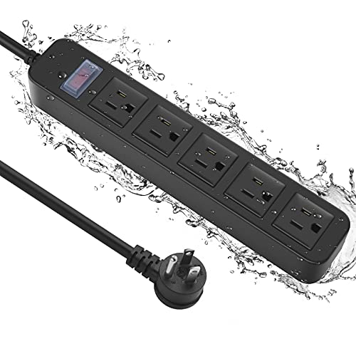 Outdoor Power Strip Waterproof with 5 Outlets, Garden Weatherproof Surge Protector, Christmas Multiple Outlet Exterior Socket for Lighting Appliances. 25FT Extension Cord Strip with Flat Plug. Black - size: 25ft, style: 5 Outlets