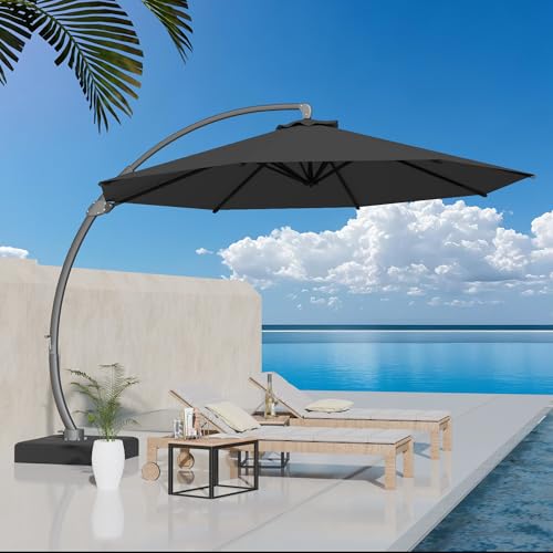 Kingdura 12ft Offset Cantilever Patio Umbrella with Base Included, Large Round Aluminum Outdoor Umbrella, 360° Rotation & Infinite Tilt, Heavy Duty Frame for Deck Pool Backyard, Grey - color: Grey, size: 12 FT