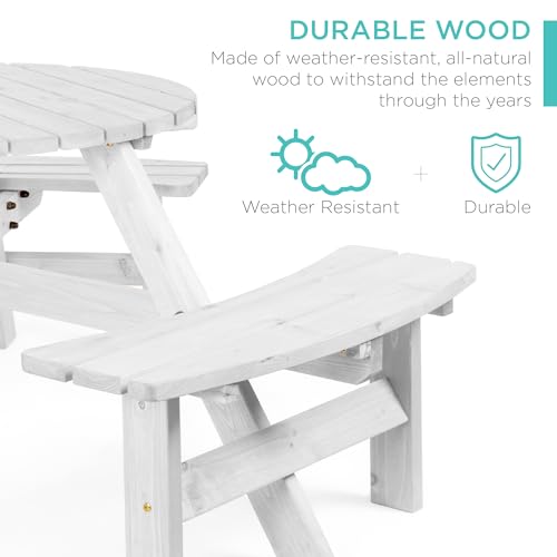 Best Choice Products 6-Person Circular Outdoor Wooden Picnic Table for Patio, Backyard, Garden, DIY w/ 3 Built-in Benches, 500lb Capacity - White - color: White