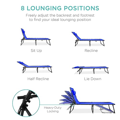 Best Choice Products Patio Chaise Lounge Chair, Portable Outdoor Folding Recliner for Lawn, w/ 8 Positions, Handles, 300lb Capacity - Resort Blue - color: Resort Blue