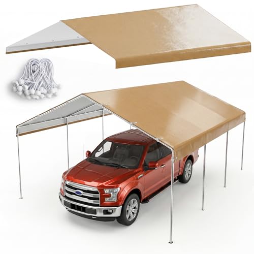 13x20 FT Carport Canopy Replacement Cover, Heavy Duty Car Garage Top Tent Shelter Tarp, Waterproof & UV Protected, Easy Installation with Ball Bungees, Beige (Frame Not Included) - color: Beige, size: 13'x20'