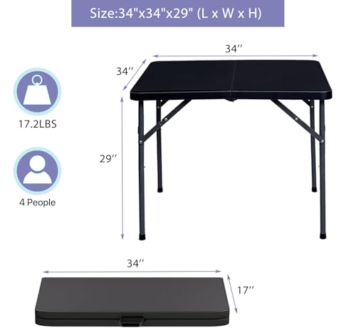 Lakhow 34" Square Folding Table, Plastic Commercial Folding Card Table with Collapsible Legs for Kitchen or Outdoor Party Wedding Event Indoor Outdoor Use, Black - color: 34 Inches Black