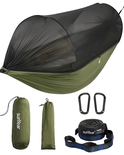 Sunyear Camping Hammock with Net - Double&Single Hammock with House-Like Net- Easy Setup & Pack, Lightweight & Portable, Perfect for Hiking, Backpacking, Outdoor Sleeping - color: Green, size: 118"L x 71"W