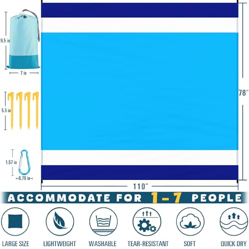 Beach Blanket 78''×110'' Suits 1-7 Adults Waterproof Sandproof Oversized Lightweight Blanket Packable Large Picnic Mat for Beach Travel Camping Picnic Hiking - color: Blue White, size: 78''x110''