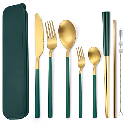AARAINBOW 6 Pieces Stainless Steel Flatware Set Portable Reusable Cutlery Set Travel Utensils Set Including Chopsticks Knife Fork Spoon Straws Cleaning Brush Dishwasher Safe (B-Green golden) - color: B-Green golden