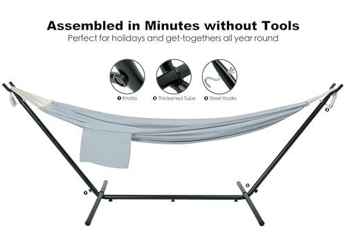 Gafete Double Hammock with Stand for Outside, Upgraded Spreader Bar, Heavy Duty Space Saving Steel Stand 2 Person, Side Pockets, Easy Assembly, 600lbs Weight Capacity, Indoor & Outdoor (Light Grey) - color: Light Grey