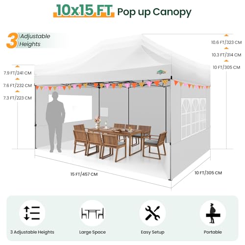 COBIZI 10x15 Pop up Canopy Gazebo 3.0, Easy up Heavy Duty Canopy with 4 Removable Sidewalls, High Stability, All Weather Sunshade 100% Waterproof Outdoor Canopy Tents, White - color: White, size: 10x15 with 4 sidewalls