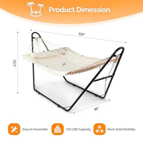 ONCLOUD Hammock with Stand, Double-Barrel Hammock with Hammock Bed, Heavy Duty Adjustable Hammock Set for Outdoors, Patio, Yard, Garden, 550 LBS (Beige) - color: Beige
