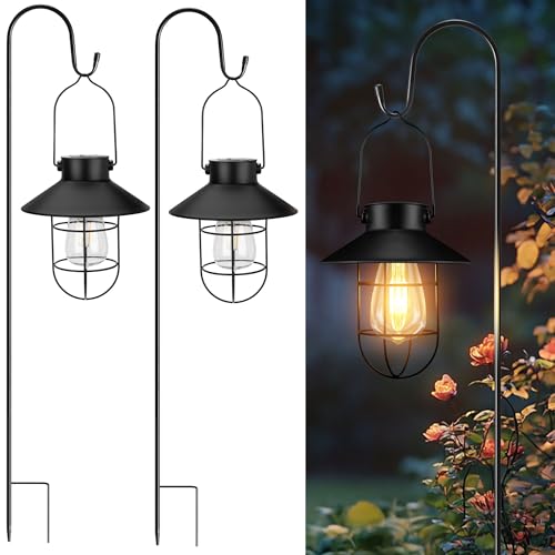 pearlstar 2 Pack Solar Lights Outdoor, Hanging Solar Lanterns with Edison Bulb and 2 x 32 Inch Shepherd Hooks, Waterproof Landscape Lighting for Garden Patio Yard Pathway Driveway Lawn (Black) - style: Black Lanterns