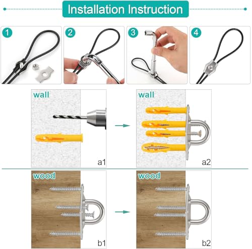 Shade Sails Installation Kits,Sun Shade Sail Hardware Kit with 4pcs 10ft Length Extension Nylon Wire Rope,Shades Awning Kit for Triangle Rectangle Shade Canopy,304 Stainless Steel, Patio Outdoor