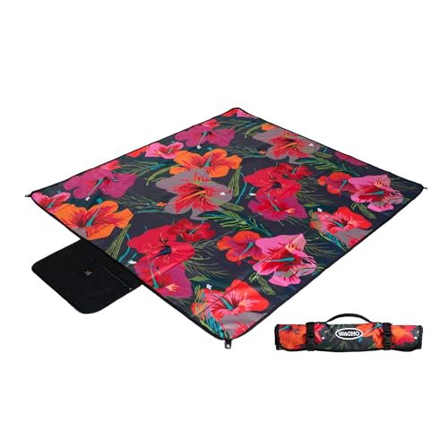 Wacho Beach Blanket Waterproof Sandproof and Picnic Blanket - Large Outdoor Blanket for Camping, Beach & Travel - Foldable Picnic Mat with Carry Bag- Beach Essentials - Hibiscus Floral - color: Red and Dark Blue