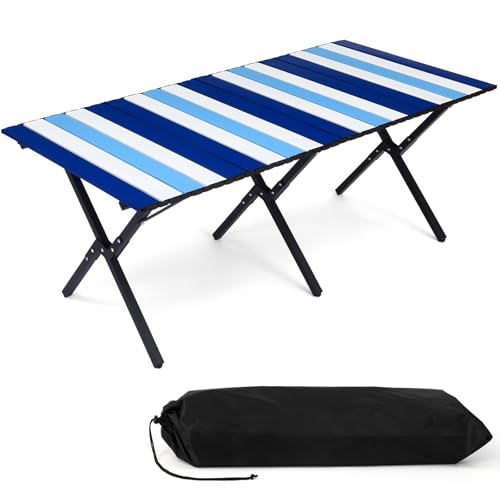 CroBlissful Beach Table Folding Camping Portable Table Striped White Aluminum Side with Carry Bag for Camping Picnics and Outdoor Activities (48x24x18 in,Navy Blue) - color: Navy Blue, size: 48x24x18 in