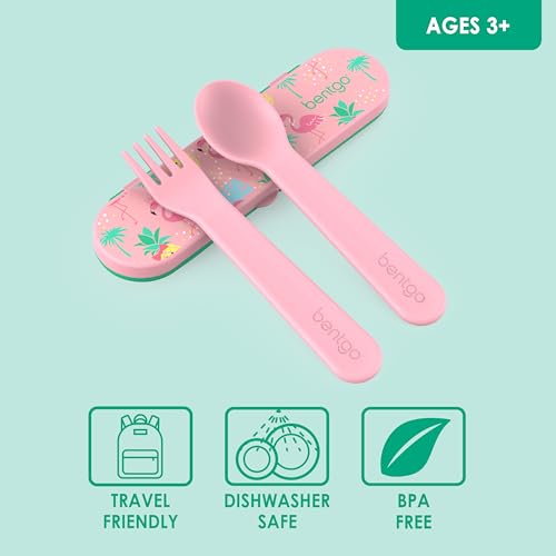 Bentgo Kids Utensil Set - Reusable Plastic Fork, Spoon & Storage Case - BPA-Free Materials, Easy-Grip Handles, Dishwasher Safe - Ideal for School Lunch, Travel, & Outdoors (Tropical) - color: Tropical