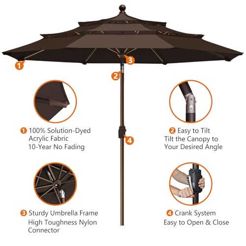 EliteShade USA 10-Year-Non-Fading 10ft 3-Tier Market Patio Umbrella, Commercial Grade Outdoor Table Umbrella with Crank Open, Windproof & UPF 50+ UV Protection, Heavy Duty Ventilation for Garden, Deck, Pool, Backyard, Beach & Bistro, Chestnut - color: Che