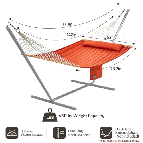CHULIM Double Quilted Fabric Hammock with Hardwood Spreader Bars and Pillow 450 LBS Capacity 2 Person Large Hammock for Outdoor Patio Backyard Poolside - Terracotta - color: Terracotta