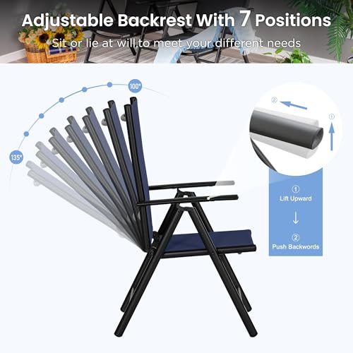 PHI VILLA Outdoor Patio Dining Set for 4, Patio Table and Chairs Set with Adjustable Folding Patio Sling Chairs for Garden, Deck and Yard, Blue - color: Blue, size: 5 Piece Round