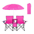 Double Beach Chair, 2-Person Portable Loveseat w/Removable Umbrella, Cup Holders & Carrying Bag, Folding Camping Chairs for Adults Outdoor Picnic (Pink) - color: Deep Pink