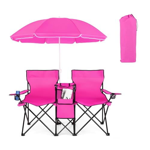Double Beach Chair, 2-Person Portable Loveseat w/Removable Umbrella, Cup Holders & Carrying Bag, Folding Camping Chairs for Adults Outdoor Picnic (Pink) - color: Deep Pink