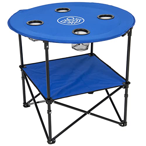Rio Brands 28" Round Lightweight Fabric Portable Folding Beach Table with Cupholders, Blue