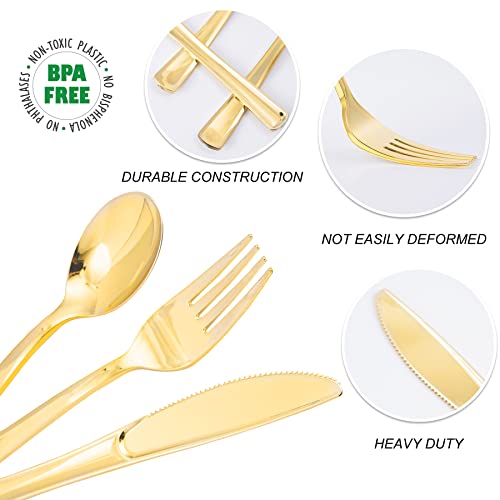 N9R 300PCS Gold Plastic Silverware, Heavy Duty Gold Plastic Cutlery Set Disposable Flatware Dinnerware, 100 Forks, 100 Spoons, 100 Knives, Perfect for Party, Wedding and Daily Use - color: Gold-300Pack