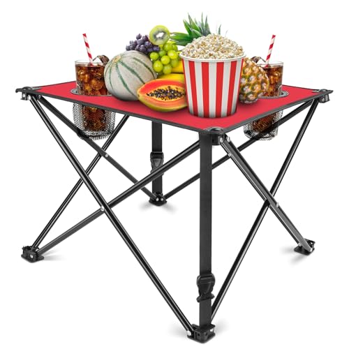 KOCASO 1Pc Foldable Camping Table Portable Picnic Table Lightweight Travel Desk with 2 Cup Holders Carrying Bag - color: Red