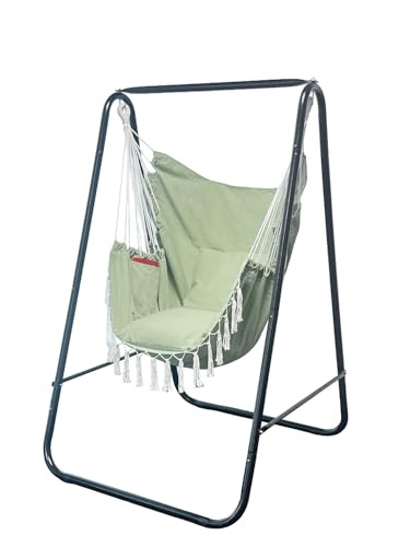 Hammock Chair with Stand,Heavy-Duty Hammock Stand with Large Indoor Swing,MAX Load 500 LBS,Hanging Chair with Stand for Indoor Outdoor,Swing Chair with 2 Cushions Included(Green) - color: Green