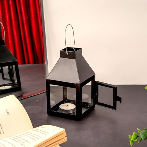 Rely+ Black Metal Lantern Candle Holder for Indoor & Outdoor Decor, Hanging Tealight Candle Holders for Wedding, Party, Decorations - Modern Home Decor, 5.5 Inch - color: Black