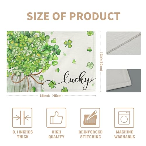 Lucky Shamrocks Placemat Set of 4, 12x18 Inch Green Clovers in Jar Holiday Linen Washable Heat Resistant Table Mats for Farmhouse Dinner Party Spring Season Decor - color: Lucky Shamrock Jar