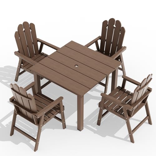 5-Piece Patio Dining Set, Outdoor Dining Set for 4, HDPE All-Weather Outdoor Furniture with 35.43” Umbrella Hole Table, 4 Armchairs, Brown - color: Brown, size: 4 Armchairs