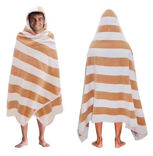 COTTON CRAFT Hooded Beach Towel - Oversized XXL 35x84 Towel with Hood for Adults - The Big Kahuna 7 Foot Beach Blanket Towel - Big & Tall Soft 100% Cotton Velour - Pool Bath Wrap - Cabana Stripe Linen - color: Cabana Stripe - Linen, size: 1 Pack - 35x84 H