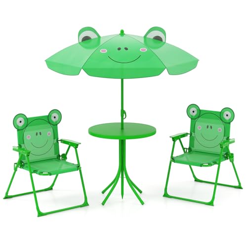 KOTEK Kids Picnic Table with Umbrella, Outdoor Table & 2 Folding Chairs, Cute Pattern Children’s Patio Furniture, Portable Kids Table and Chair Set for Backyard, Garden, Beach (Green) - color: Green Frog
