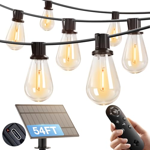 addlon 54FT(48FT+6) Solar String Lights Outdoor Waterproof with USB Port & Remote Control Solar Patio Lights for Outside Solar Powered with 16 LED Dimmable Bulbs for Porch Garden Deck Halloween - size: 48+6FT(15 Sockets）