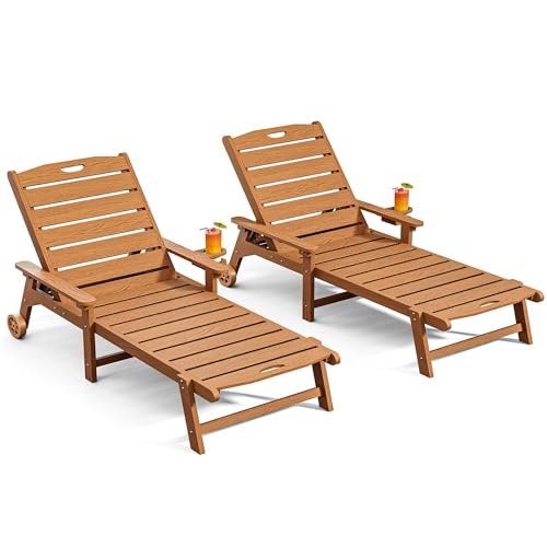 Outdoor Lounge Chair Set of 2 with 5-Position Adjustable, Outside Lounge Chair with Cup Holder, Wheels for Easy Mobility, HDPE Tanning Chair for Poolside, Patio, Brown - color: Brown, size: 2pc
