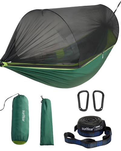 Sunyear Camping Hammock with Net - Double&Single Hammock with House-Like Net- Easy Setup & Pack, Lightweight & Portable, Perfect for Hiking, Backpacking, Outdoor Sleeping - color: Dark Green & Light Green, size: 106"L x 55"W