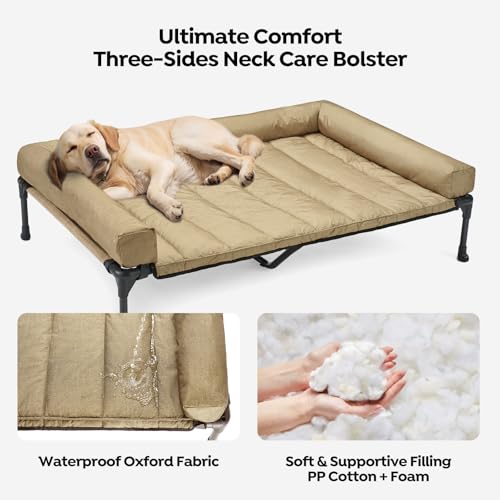 Veehoo Cooling Elevated Dog Bed Add Removable Waterproof Bolster Cushion Mat, Raised Pet Cot with Breathable Teslin Mesh, No-Slip Feet, Dog Couch Bed for Indoor Outdoor, 49x33inches, Beige, CWC2331B - color: Beige Coffee, size: 49.0"L x 33.0"W x 9.0"Th