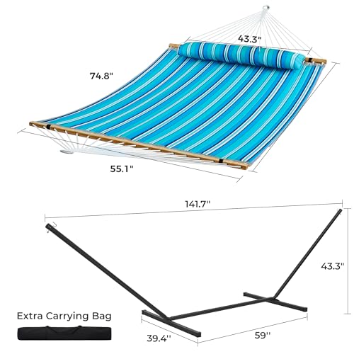 SUPERJARE Hammock with Stand, 2 Person Quilted Outdoor Hammock, Detachable Pillow & Bamboo Spreaders, Portable Hammock with Carrying Bag, Heavy Duty Stand, Perfect for Outside, Patio, Aqua Blue - color: Aqua Blue, size: 55.1"W × 74.8''D × 43.3''H