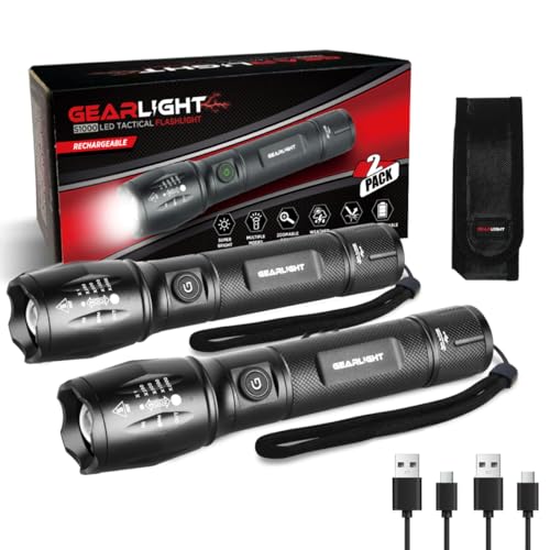 GearLight S1000 LED Tactical Flashlight - High Lumens, USB-C Fast Charging, Dual-Button, IPX4 Water-Resistant, Pocket-Sized for Camping & Emergencies with Batteries - 2 Pack, (Rechargeable) - color: 2 Pack, (Rechargeable)