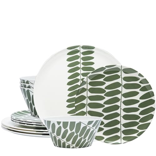 Bzyoo 12-Piece Melamine Dinnerware Set - Leaf | Lightweight, Durable, BPA-Free | Dishwasher Safe Dish Set for Indoor & Outdoor Use - Perfect for Camping, BBQs, Kids - color: Leaf Green