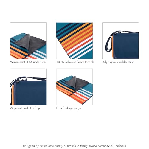 Picnic TIME Outdoor Picnic Blanket Tote, 59"x51" Foldable Beach & Camping Blanket with Soft Fleece, Water-Resistant Bottom, Adjustable Strap & Zippered Pocket (Marine Stripe) - color: Marine Stripe