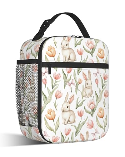 Cute Rabbit Easter Lunch Bag for Kids,Pink Bow Tulip Flower Insulated Lunch Box for Women, Large Capacity with Mutiple Pockets Gilrs Boys School Thermal Bag for Work,Picnic,Hiking - color: Cute Rabbit Easter