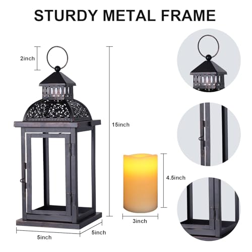 No Glass Lanterns Decorative Indoor & Outdoor, 15'' Candle Lantern Decorative Christmas Indoor Outdoor Decor, Vintage Metal Hanging Lanterns with LED Candle for Patio, Front Porch,Yard, Table - color: Black / 15''h / Timed Candle