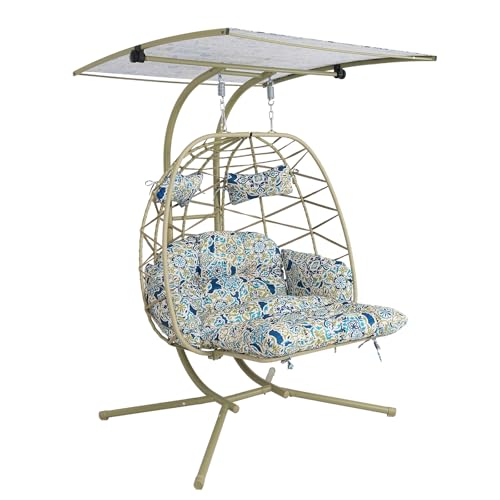 Double Egg Chair Outdoor with Stand & Canopy,Hanging Loveseat Hammock Swing Chair with Leg Rests & UV Resistant Cushion,Patio Swinging Chair,600LBS Capacity for Bedroom Balcony Garden - color: Double Chair & Footrest & Canopy, size: Khaki Frame&Khaki Cush