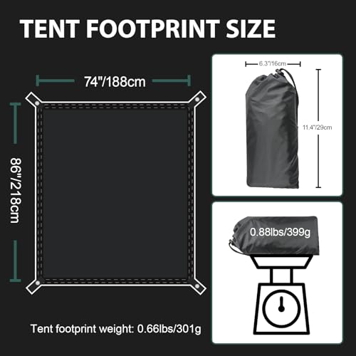 KRUI Tent Footprint, PU 2000 Waterproof Camping Tarp, Durable Tent Floor Saver for Hiking, Backpacking, Hammock, Beach and Picnic - size: 3 Person - 86“ x 74”