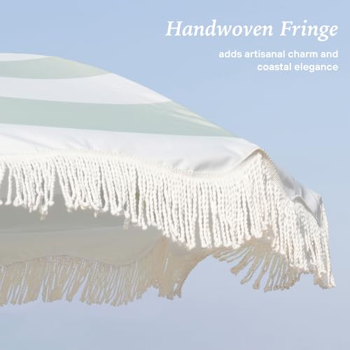 AMMSUN Boho Fringe Umbrella Outdoor Patio, 6.5ft UPF50+ Picnic Umbrella with Tassels with Steel Pole and Push Button Tilt, Vintage Green Stripe - color: Vintage Green Stripe