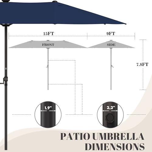 GDPFN 15ft Rectangular Patio Umbrella with Solar LED Lights, Double-Sided Outdoor Market Umbrella Extra Large Shade for Pool, Deck, Backyard, Garden, Navy Blue (Base Not Include) - color: Navy Blue, size: With Led