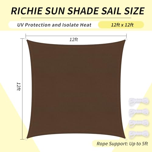 RICHIE Upgrade 12'x12' Sun Shade Sail Square Canopy, Water Resistant & UV Block Sunshade for Outdoor Patio Lawn Beach Garden Carport Backyard Deck Pergola, Brown - color: Brown, size: 12'x12', style: Rectangle
